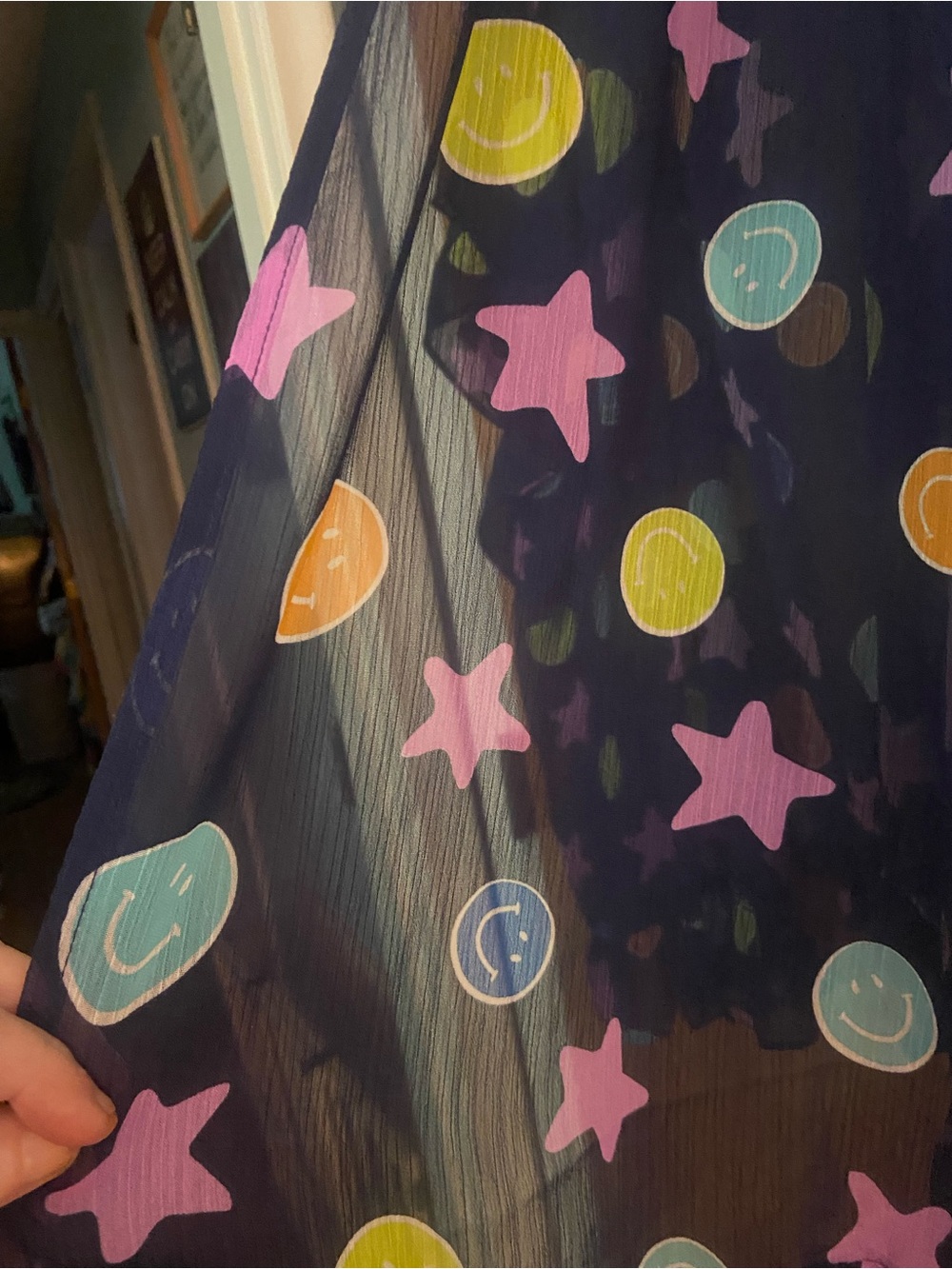 😊💙⭐️🩷EASEL Navy Sheer Ruffled Kimono Bright Smiley/Stars SZ Medium (Oversized) - Picture 4 of 8